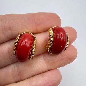 Vtg KENNETH JAY LANE (KJL) Red Half Hoop Earrings Twisted Rope Pierced Small